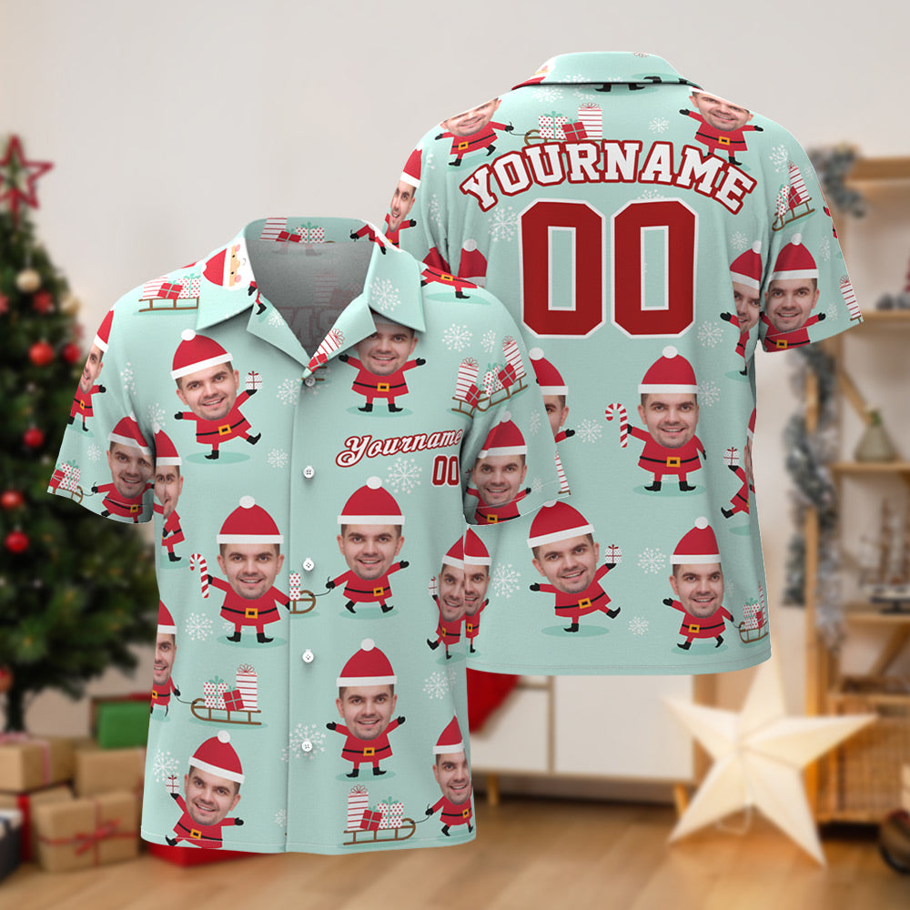 Custom Face Hawaiian Shirts Personalized Photo and Text Shirt Gift Men's Christmas Shirts Santa Claus and Presents