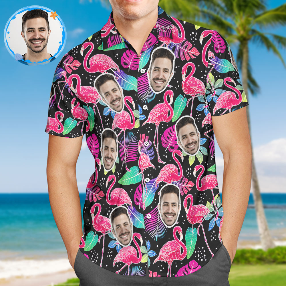 Custom Face Hawaiian Shirt All Over Print Personalised Black Shirt - Flamingo