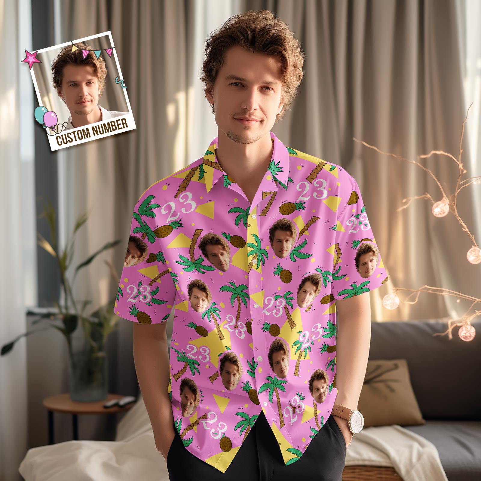 Custom Multi-color Face and Numbers Hawaiian Shirt Coconut Tree and Pineapple Gift for Men - MyFacepajamasAU