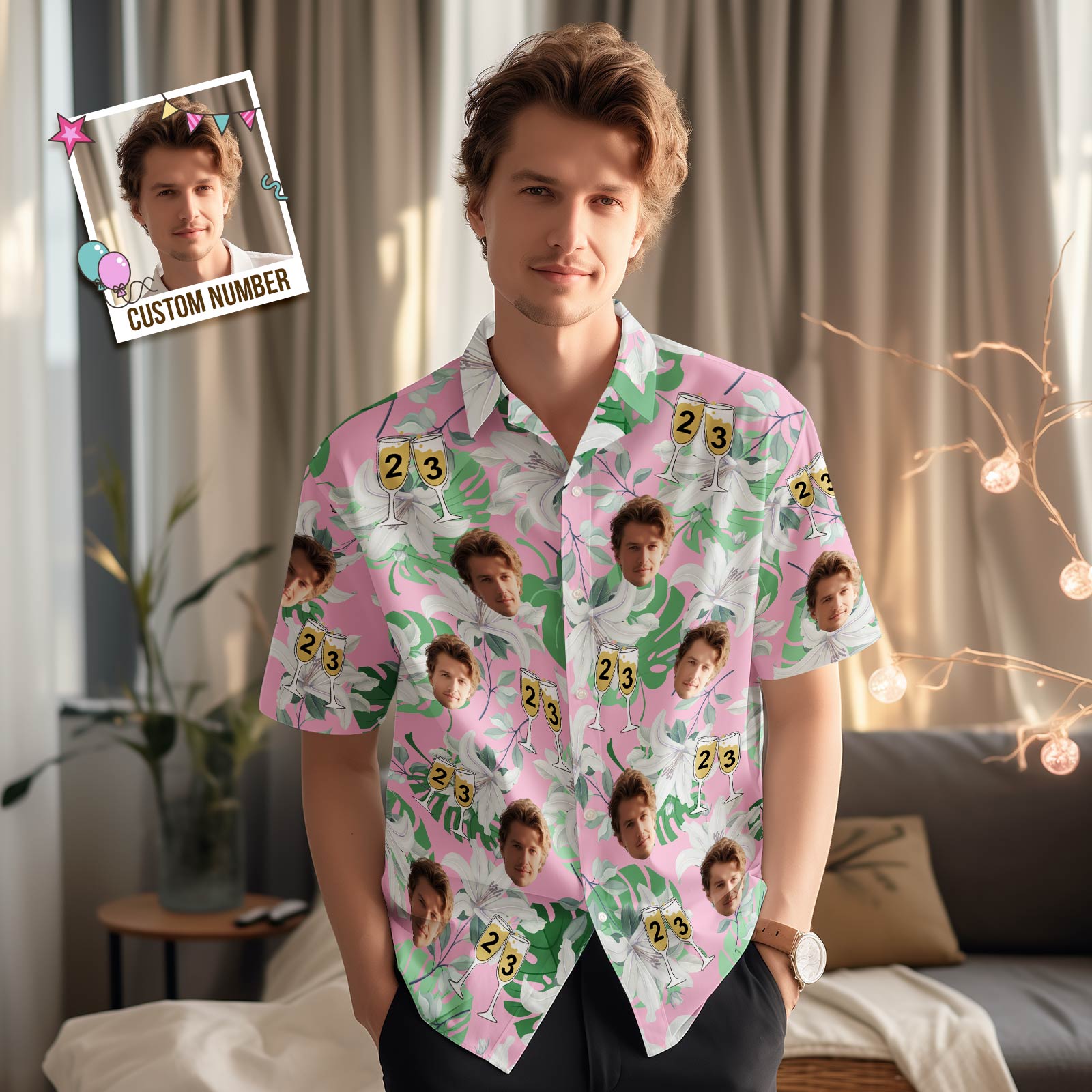 Custom Face Hawaiian Shirt Number in Wine Glass Pink And Green Sleeves Face Hawaiian Shirt Gift for Him - MyFacepajamasAU