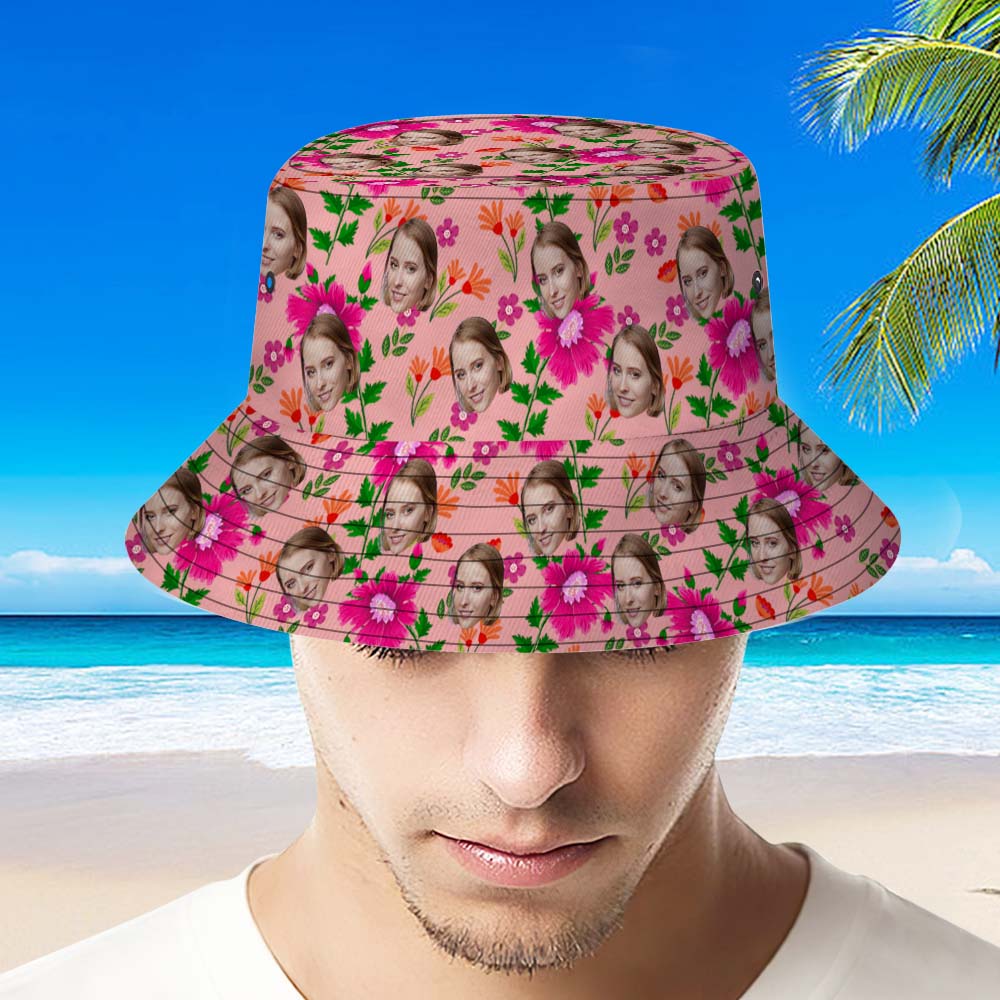 Custom Bucket Hat Unisex Face Bucket Hat Pink Flowers and Green Leaves - MyFacepajamasAU