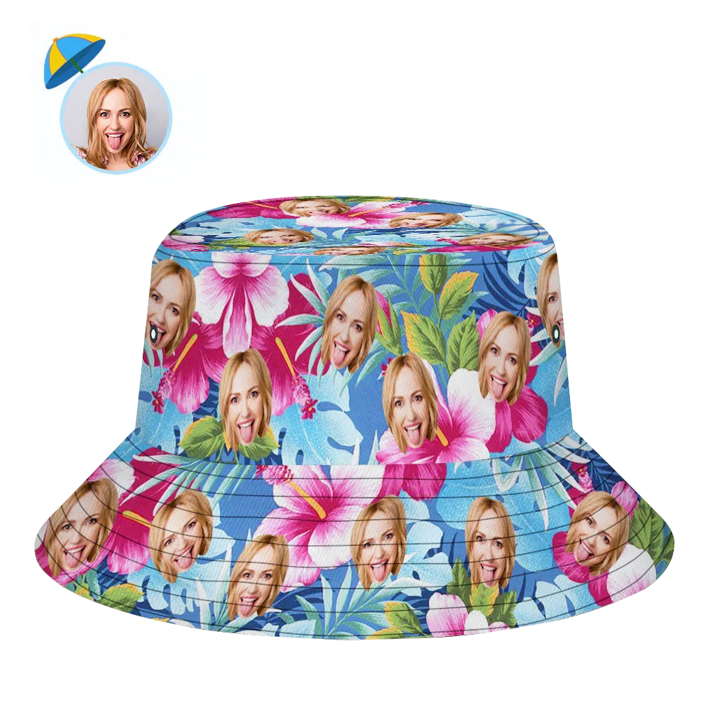 Custom Bucket Hat Personalized Face All Over Print Tropical Flower Print Hawaiian Fisherman Hat - Pink Flowers