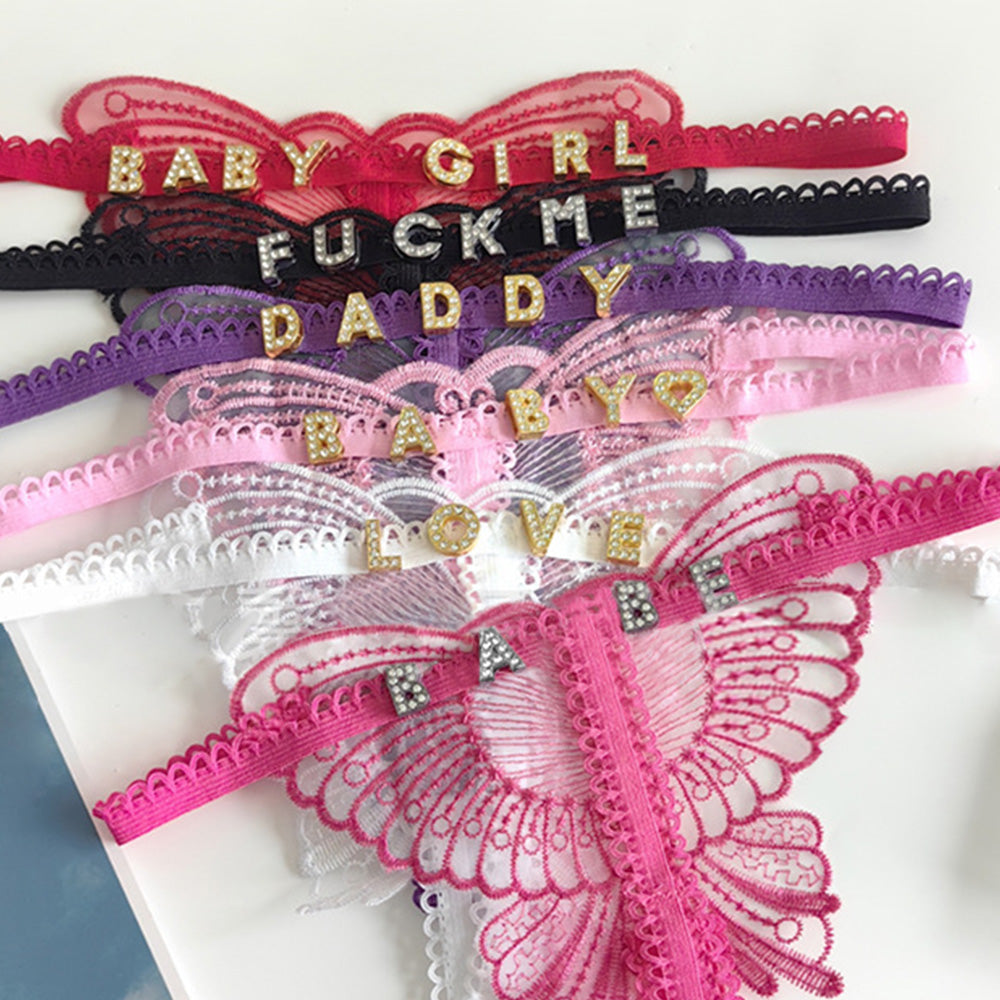 Custom Lace Hollow Butterfly Sexy Low Waist Panty with jewelry Crystal Letter Name Open Cut Thong Underpants Women's Underwear - MyFacepajamasAU