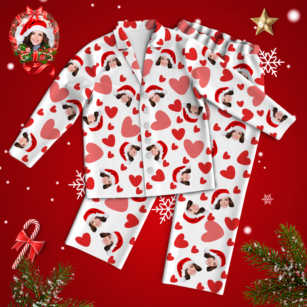Custom Face Red Heart Printed Long Sleeve Pajamas Set Love Gifts Christmas Gift for her