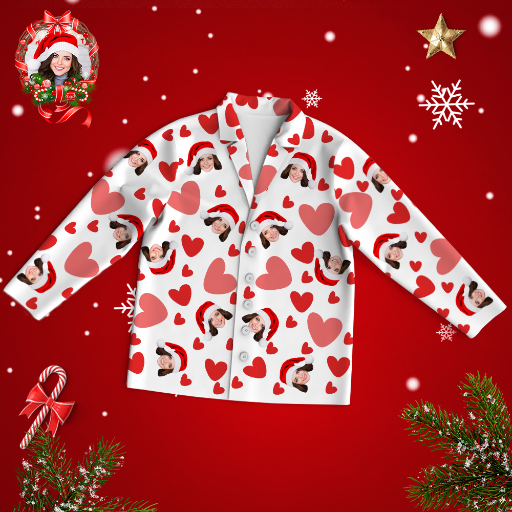Custom Face Red Heart Printed Long Sleeve Pajamas Set Love Gifts Christmas Gift for her