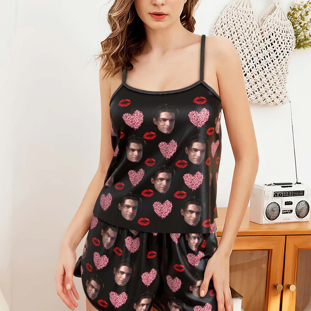 Custom Face Camisole Sleepwear Personalised Lingerie Set Kiss And Pink Heart Gift For Her