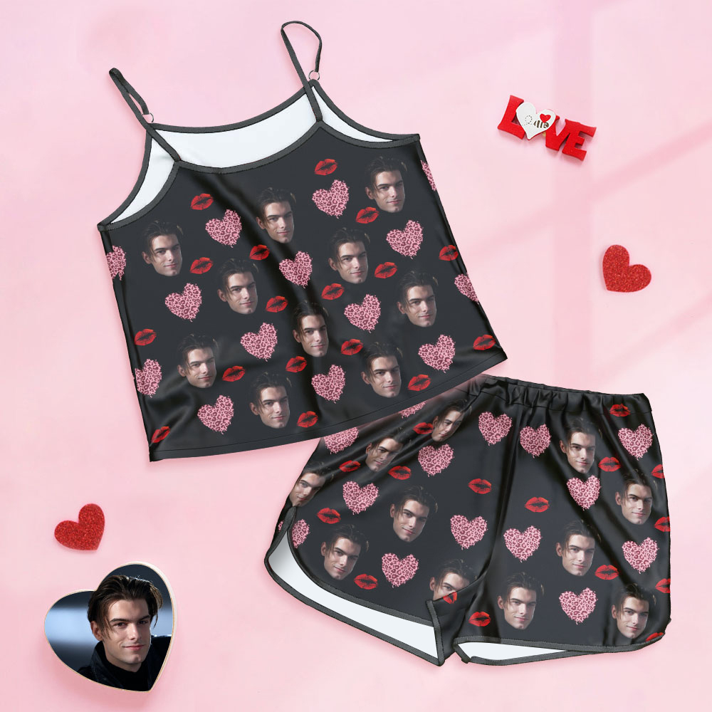 Custom Face Camisole Sleepwear Personalised Lingerie Set Kiss And Pink Heart Gift For Her