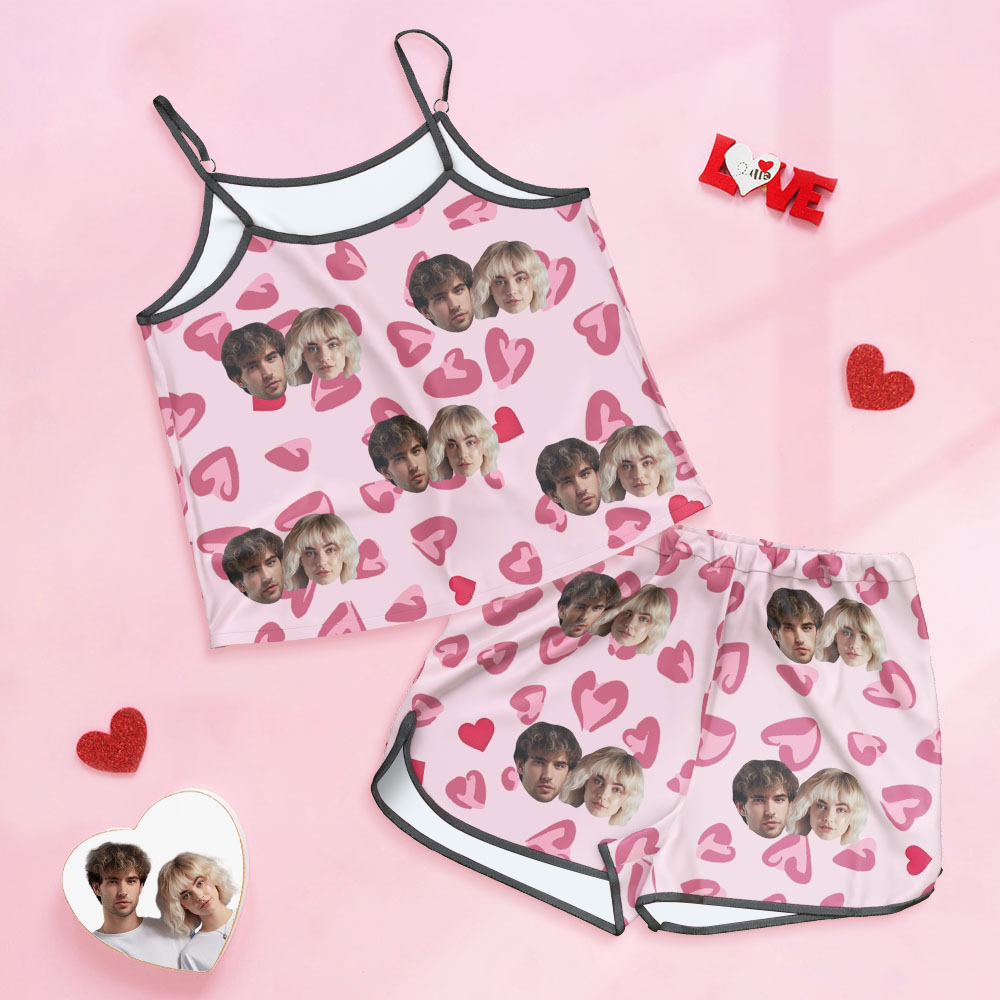 Custom Face Camisole Sleepwear Personalised Lingerie Set Couple Face Pink Gift