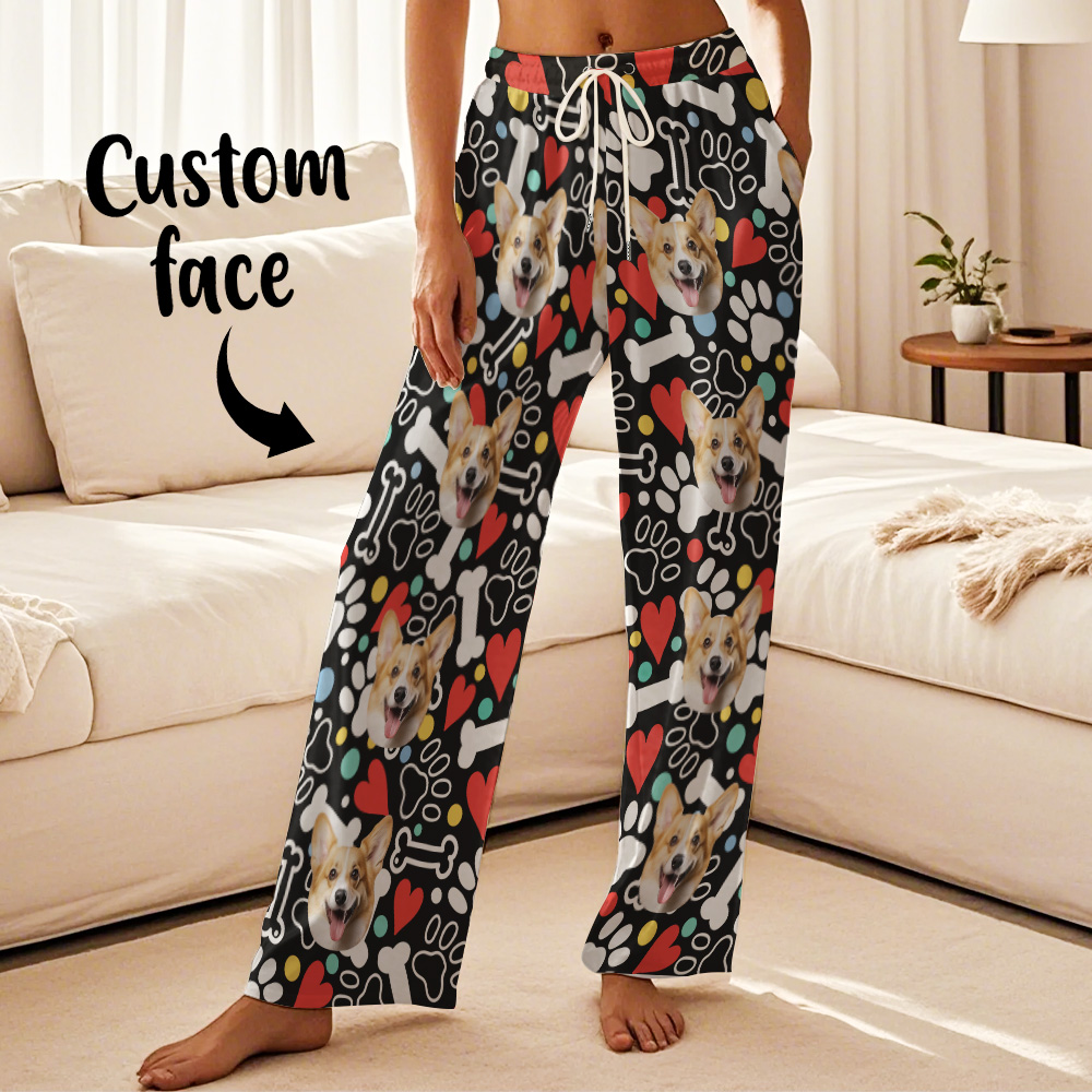 Custom Dog Face Pajamas Pants Personalized Photo Bottoms Pet Cat Heart Printed Pajamas - MyFacepajamasAU
