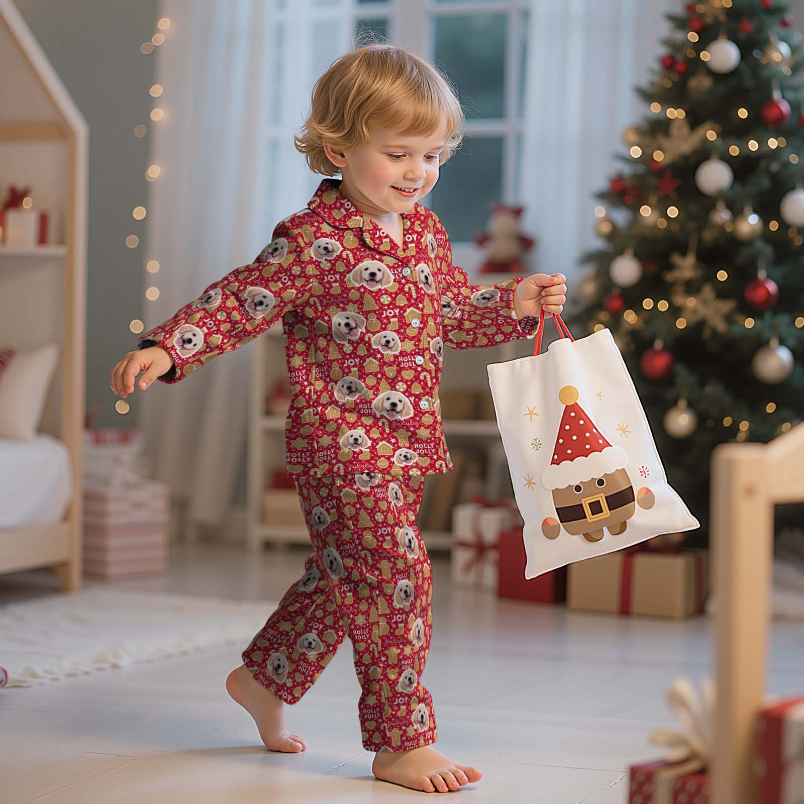 Custom Children's PJs with Pet Picture & Festive Gingerbread Plaid Print - MyFacepajamasAU