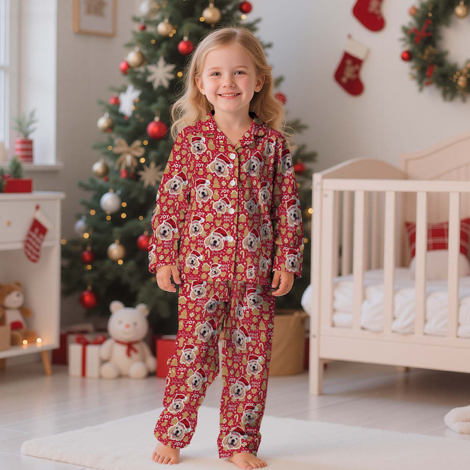 Custom Children's PJs with Pet Picture & Festive Gingerbread Plaid Print - MyFacepajamasAU