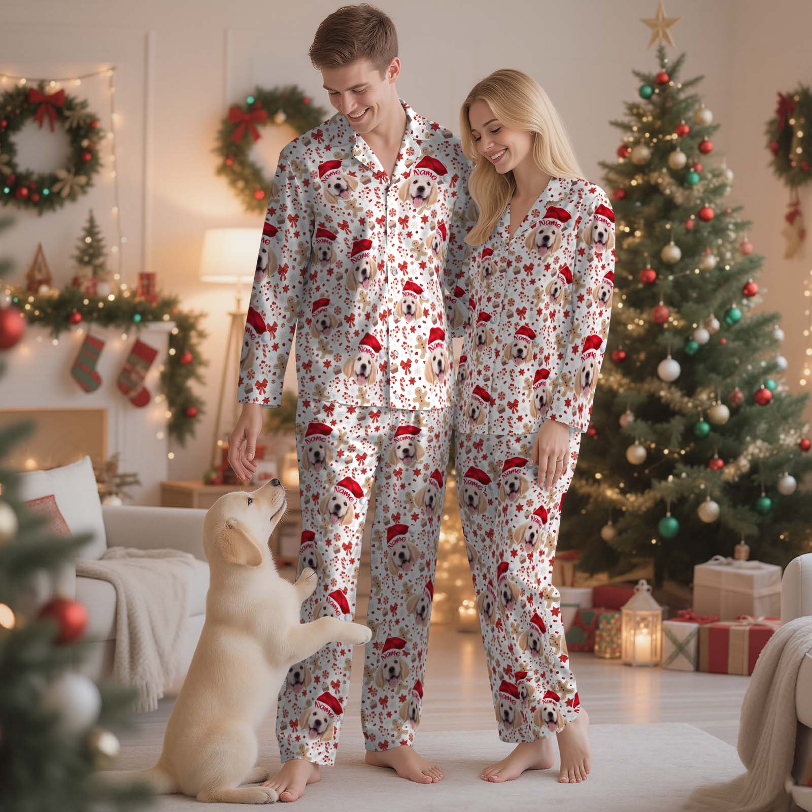 Personalized Pet Photo Christmas Pajamas with Gingerbread & Plaid Patterns - MyFacepajamasAU