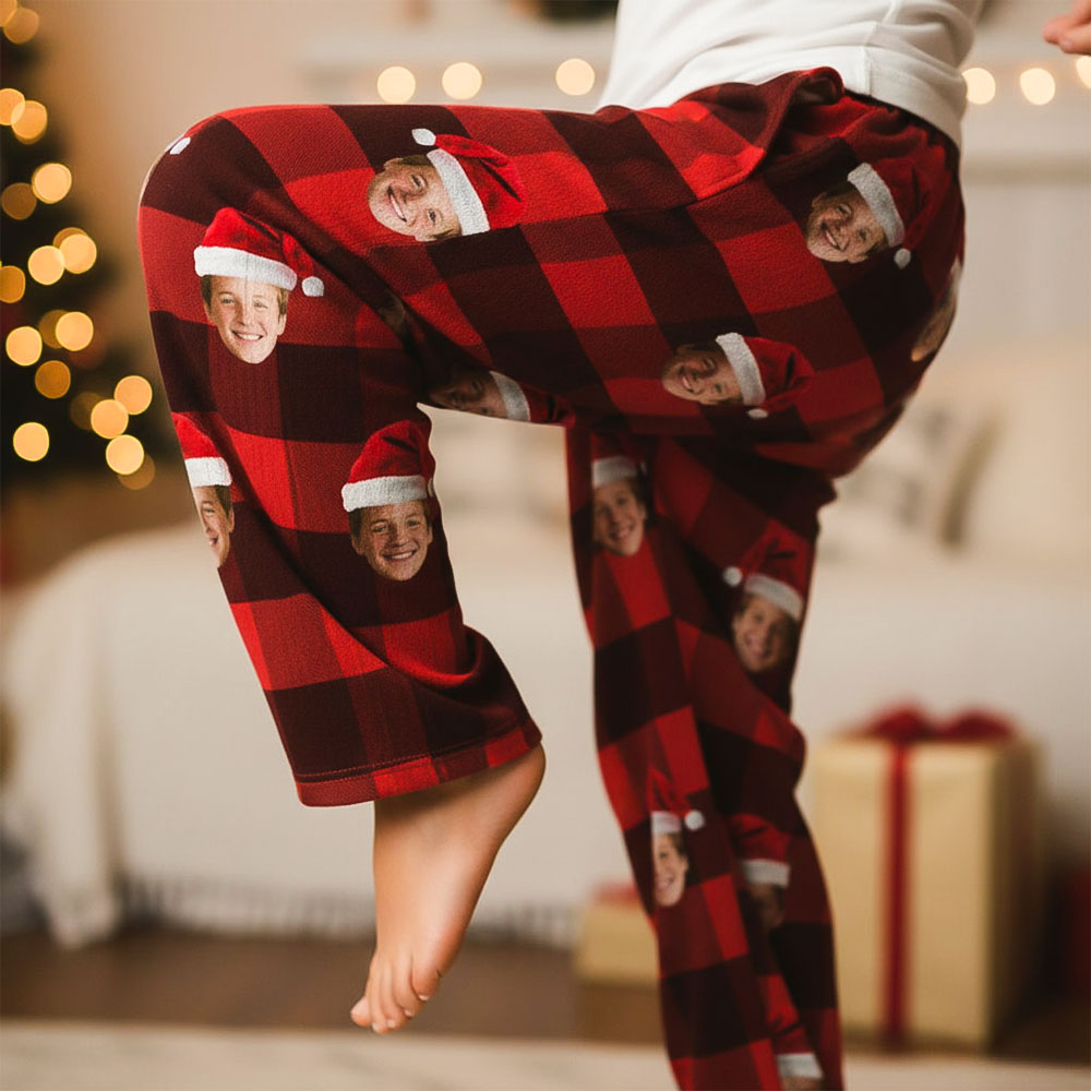 Custom Photo Fleece Pajama Pants for Kids, Personalized Pet or Face Print on Sleepwear, Christmas plaid
