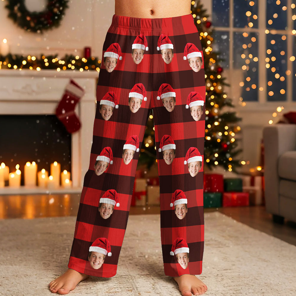 Custom Photo Fleece Pajama Pants for Kids, Personalized Pet or Face Print on Sleepwear, Christmas plaid