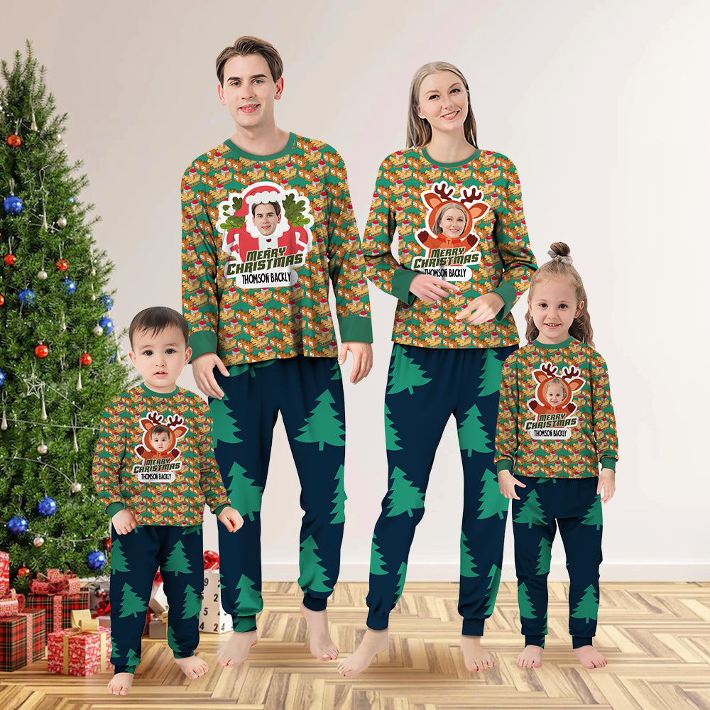 Personalized Family Slumber Party Matching Long Sleeve Sleigh and Elk Pajamas Set - MyFacepajamasAU
