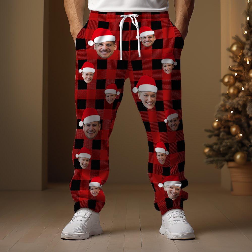 Custom Face Sweatpants Personalized Photo Christmas Family Buffalo Plaid Golf Pants for Him - MyFacepajamasAU