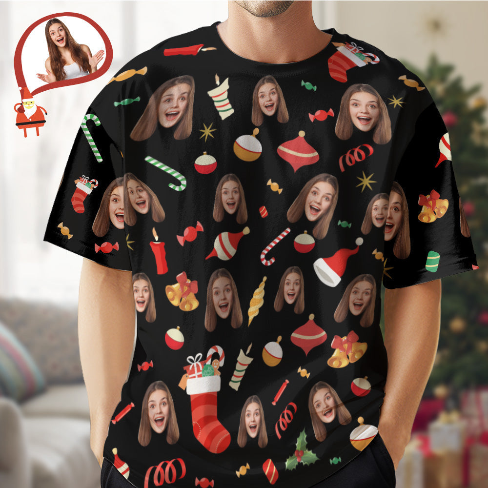 Custom Face T-shirt Christmas Gifts Cute Christmas Candy Christmas T-shirt - My Photo Socks AU