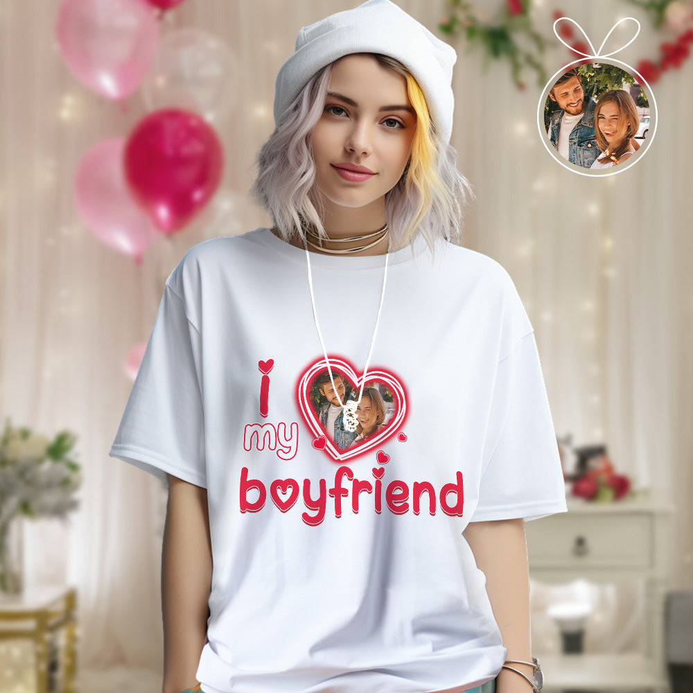 Custom Photo and Text Couple Shirt Gift For Couple Husband And Wife-I Love My Girlfriend - MyFacepajamasAU