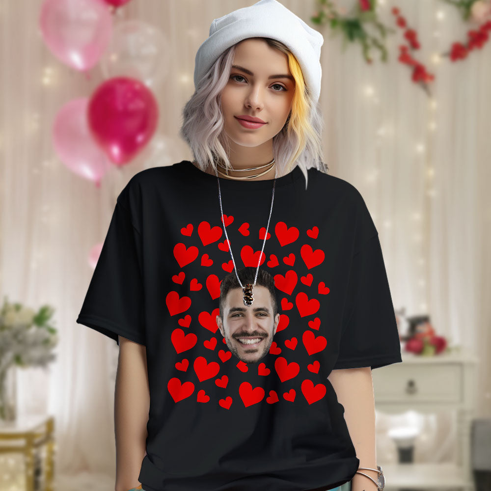 Custom Photo Vintage Tee Personalized Couple T-shirt  Red Hearts Valentine's Day Gifts for Couple - MyFacepajamasAU