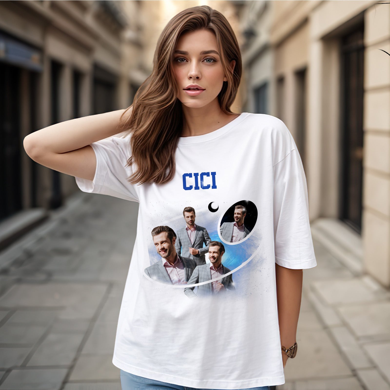 Custom Photo and Name Vintage T-Shirt Cosmic Galaxy and Crescent Moon Vintage T-Shirt Gift for Women - MyFacepajamasAU