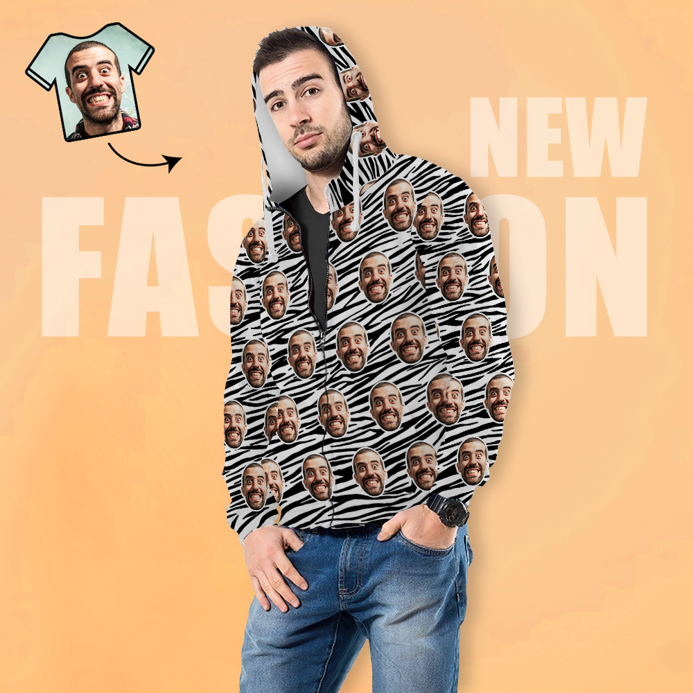 Custom Face Unisex Hoodie Casual Printed Photo ZIP Hoodie For Men Women - Zebra Stripes - MyFacepajamasAU