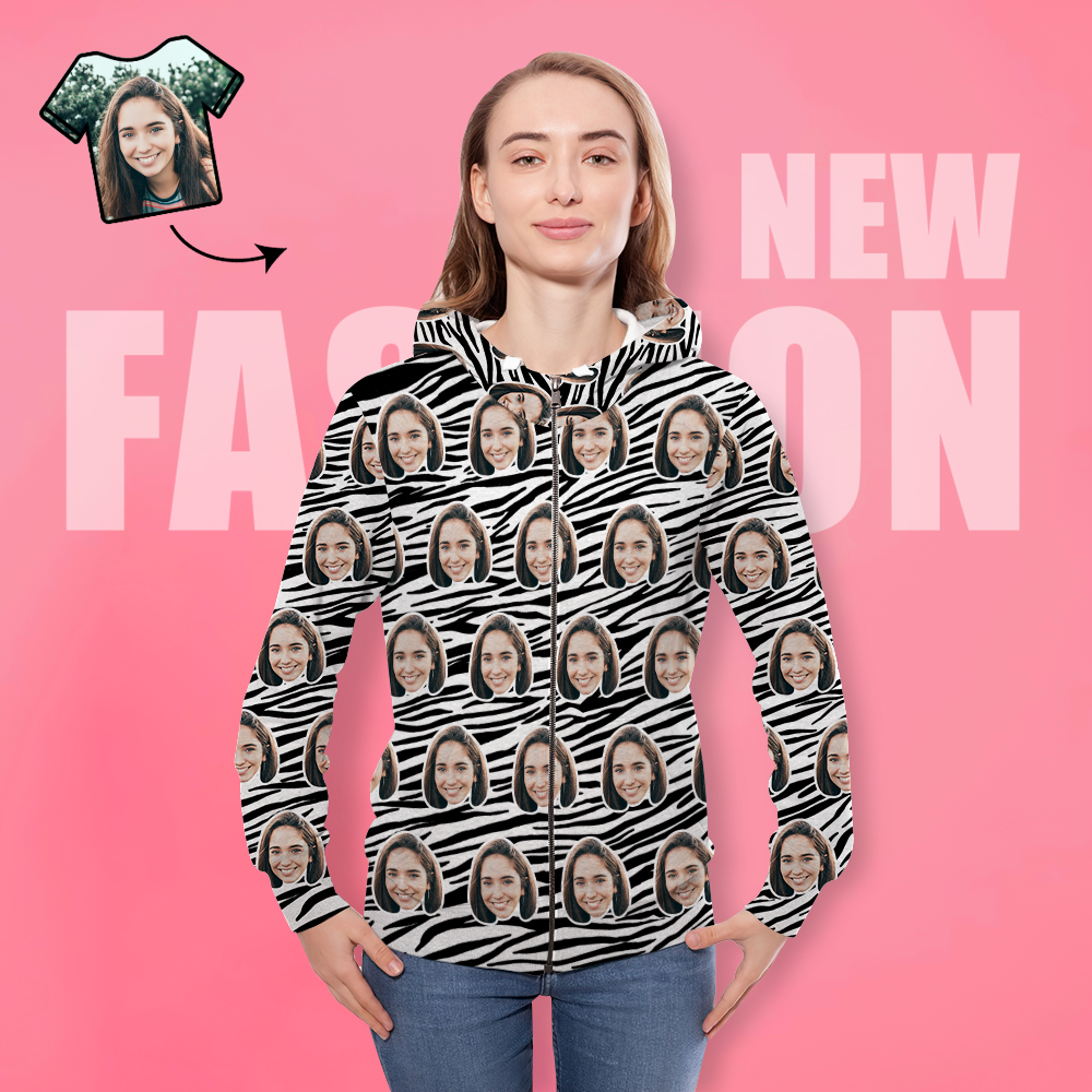 Custom Face Hoodie Casual Printed Photo ZIP Hoodie For Men Women - Zebra Stripes-New - MyFacepajamasAU
