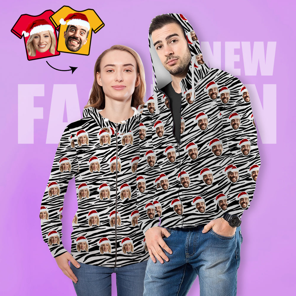 Custom Face Couples Hoodie Casual Printed Photo ZIP Hoodie For Men Women - Zebra Stripes - MyFacepajamasAU