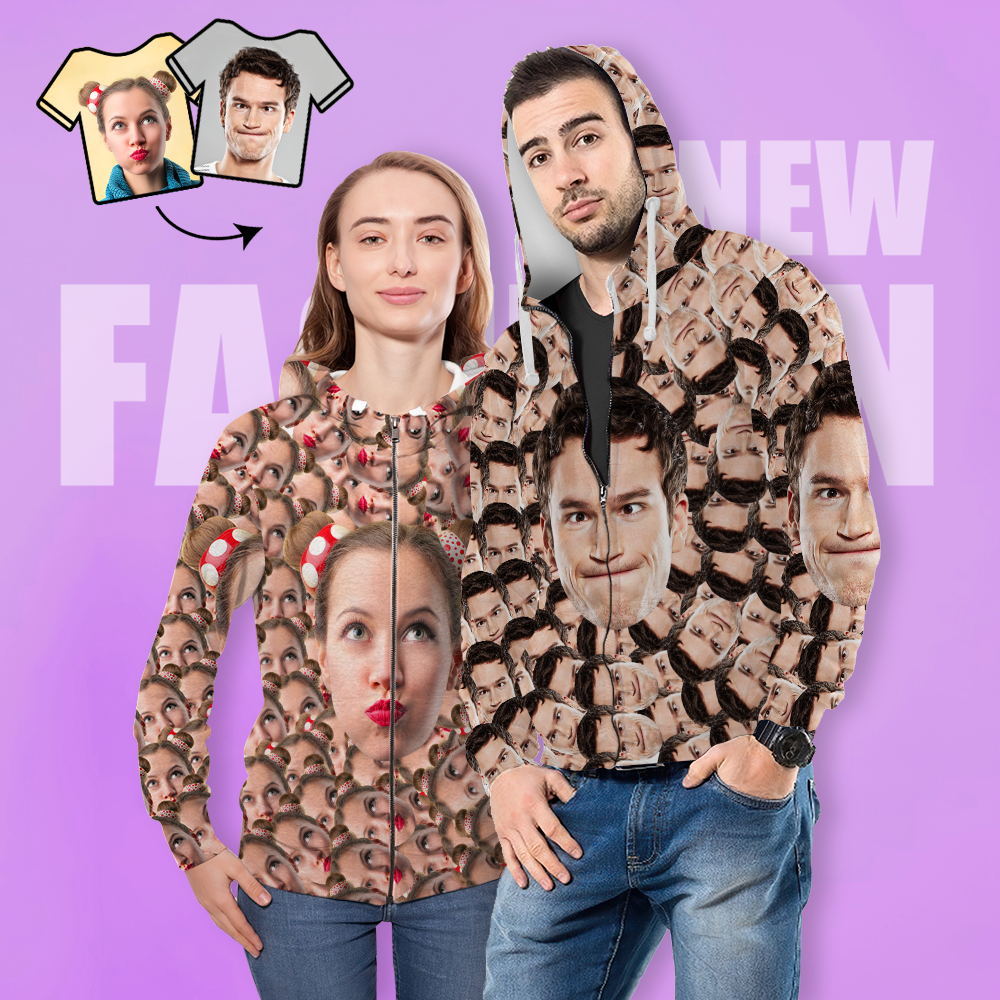 Christmas Gifts Custom My Face Couples Hoodie Photo ZIP Hoodie - Big Face - MyFacepajamasAU