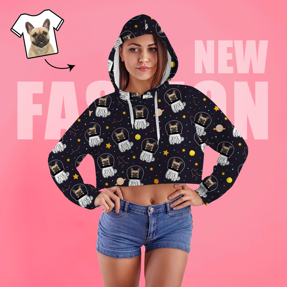 Custom Face Women's Cropped Hoodie Casual Printed Photo Black Pullover - Space Dog - MyFacepajamasAU