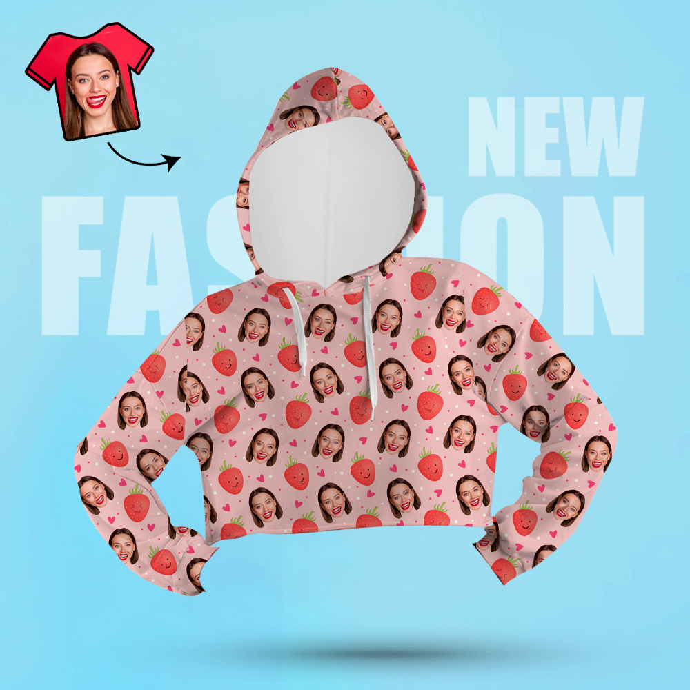 Custom Face Women's Cropped Hoodie Casual Printed Photo White Pullover - Strawberry - MyFacepajamasAU