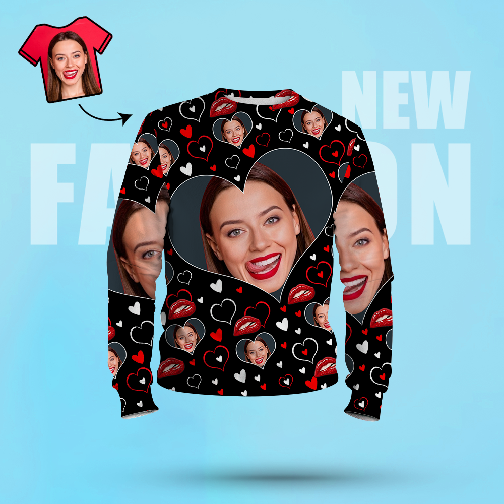 Custom Face Sweatshirt Couples Hoodies Customize Casual Black Hoodie With Design Crewneck Shirt - Heart - MyFacepajamasAU