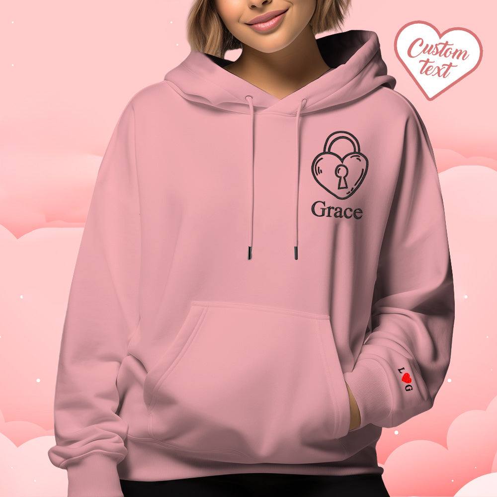 Custom Text Embroidered Hoodie Stylish Heart Key And Lock Set Sweatshirt Valentine Gift For Couples - MyFacepajamasAU