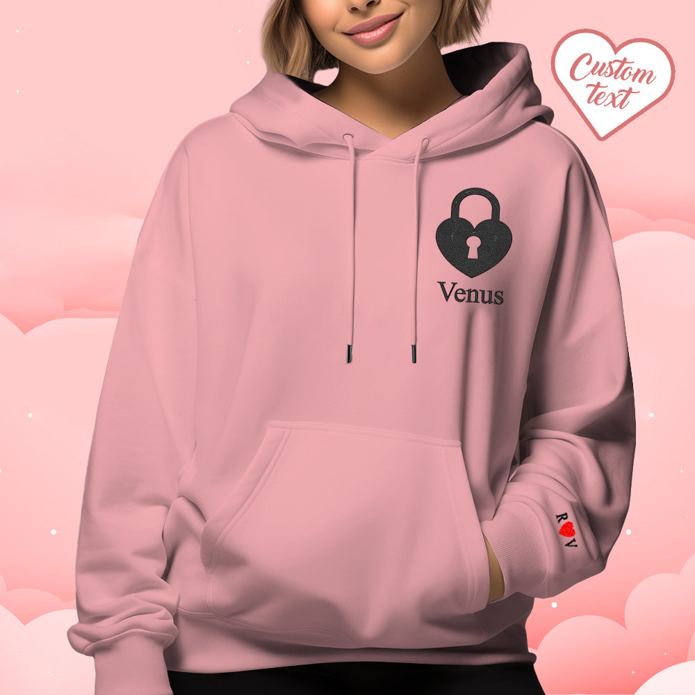Personalized Text Embroidered Hoodie Sweet Heart Key And Lock Set Sweatshirt Valentine Gifts For Couples - MyFacepajamasAU