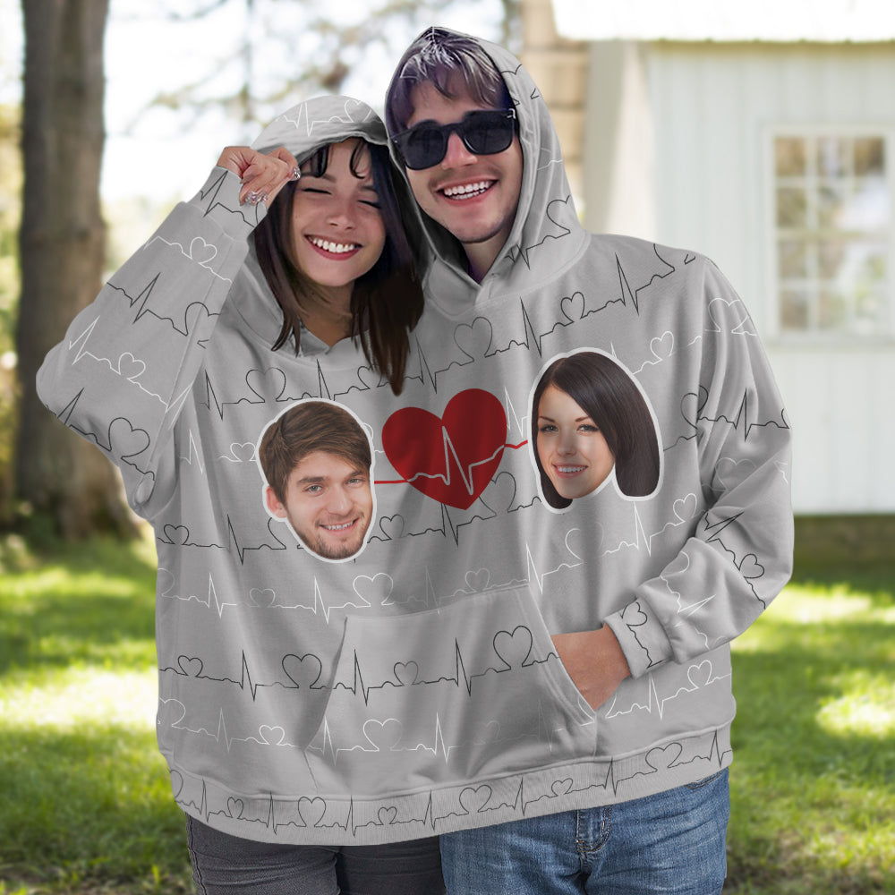 Custom Face Couple's Heartbeat One Piece Sweatshirt Photo Intimate Hoodie Gift For Love - MyFacepajamasAU
