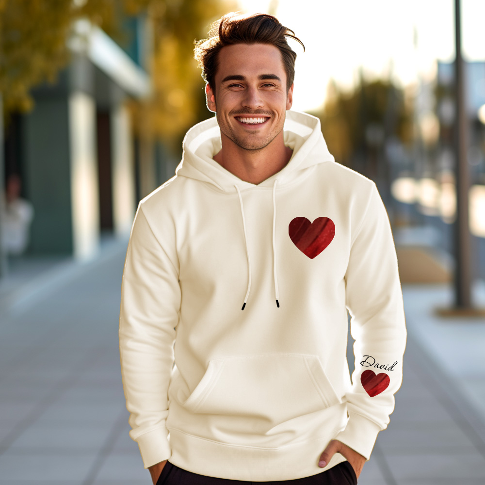 Custom Hoodies With Name Name on Sleeve Personalized Valentine Heart Hoodie Valentine's Day Gift - MyFacepajamasAU