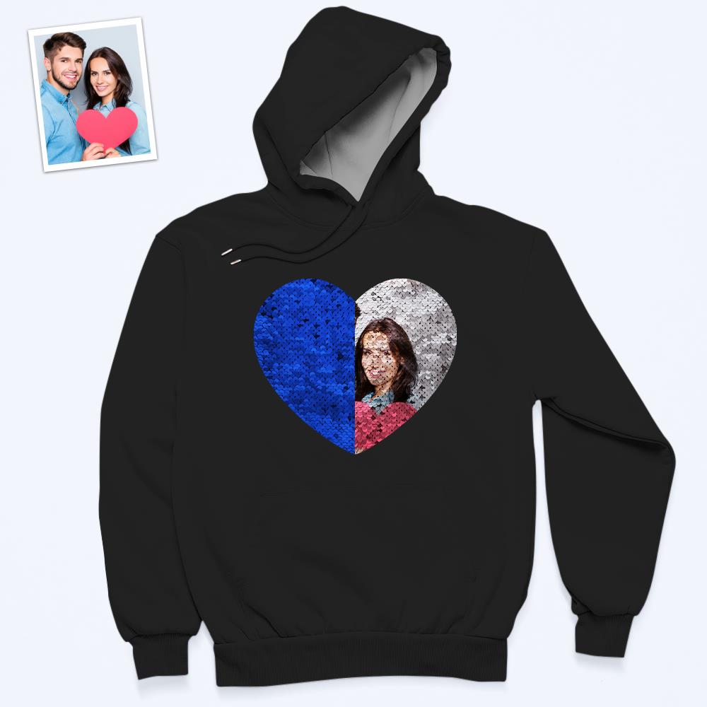 Custom Photo Blue Sequin Hoodie Heart Double Print Hoodie Gift for Men Women - MyFacepajamasAU