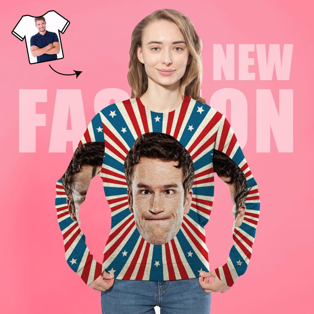 Custom Hoodies with Boyfriend Face Star Stripes Men's Crewneck Sweatshirt - MyFacepajamasAU