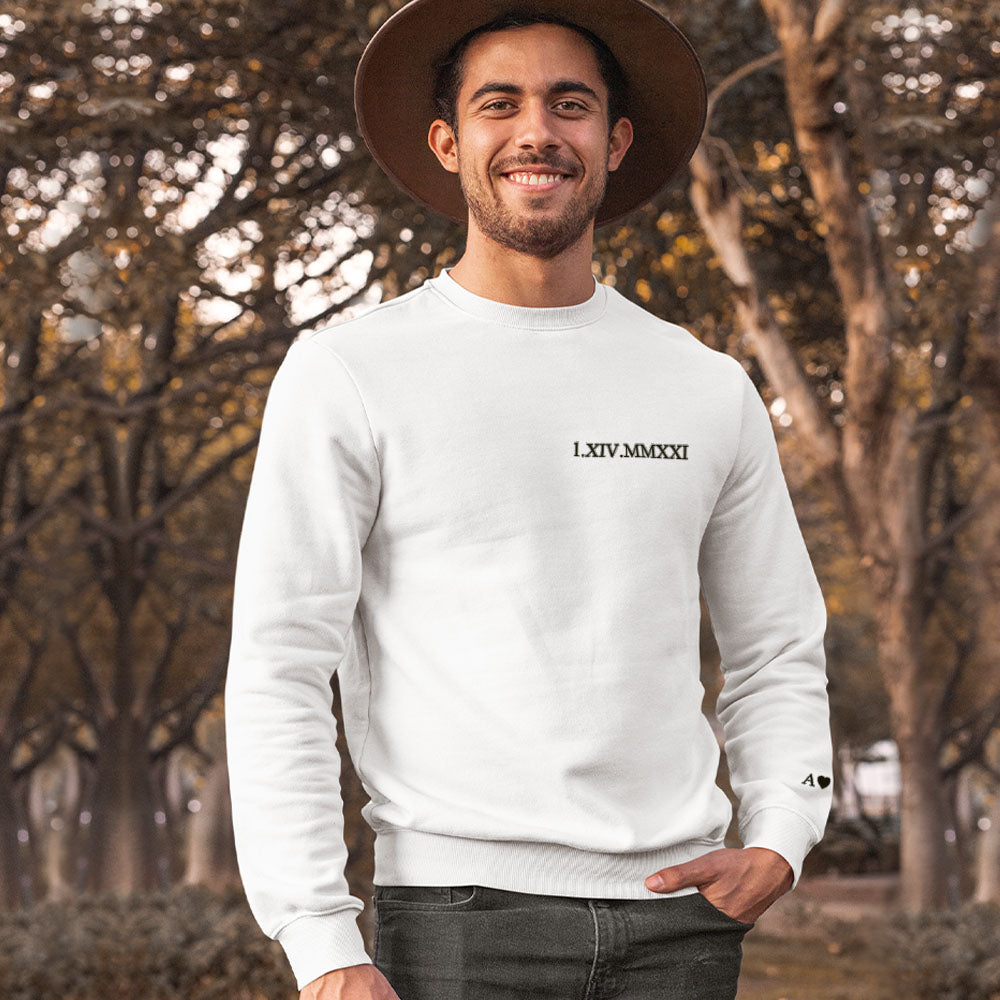 Custom Engraved Hoodie Embroidery Round Neck Roman Numeral Date Couple Gifts - MyFacepajamasAU