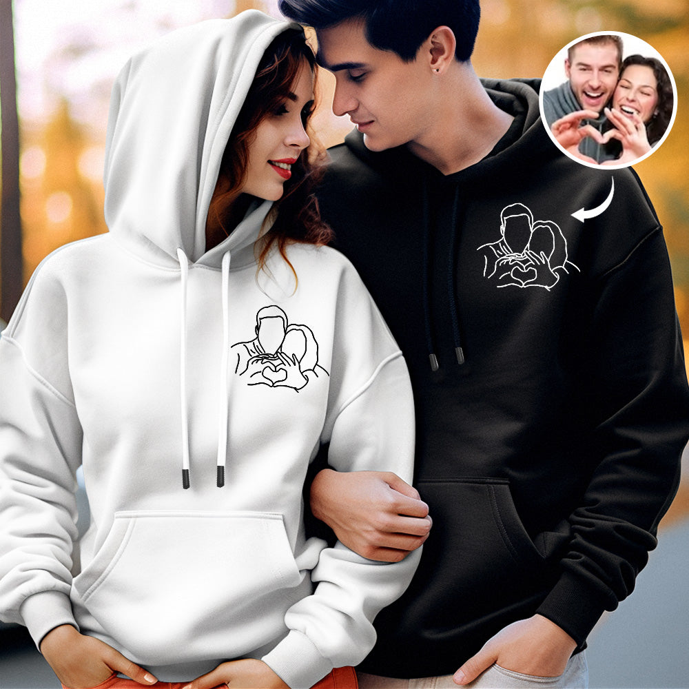 Custom Embroidered Pocket Portrait From Photo Outline Photo Sweatshirt Personalized Photo Couple Hoodie Gift For Bf - MyFacepajamasAU
