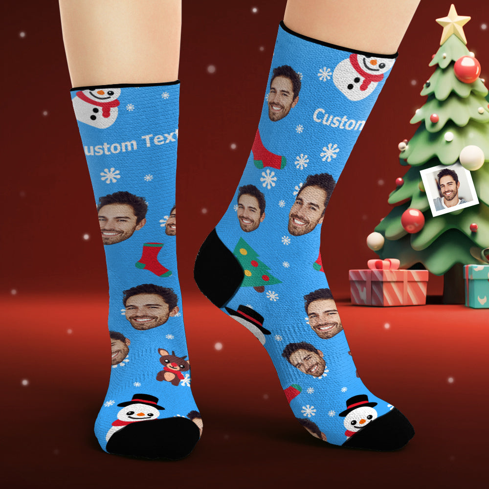 Custom Face Socks Personalised Photo Blue Socks Cartoon Santa Claus and Snowman - MyFaceSocksAu