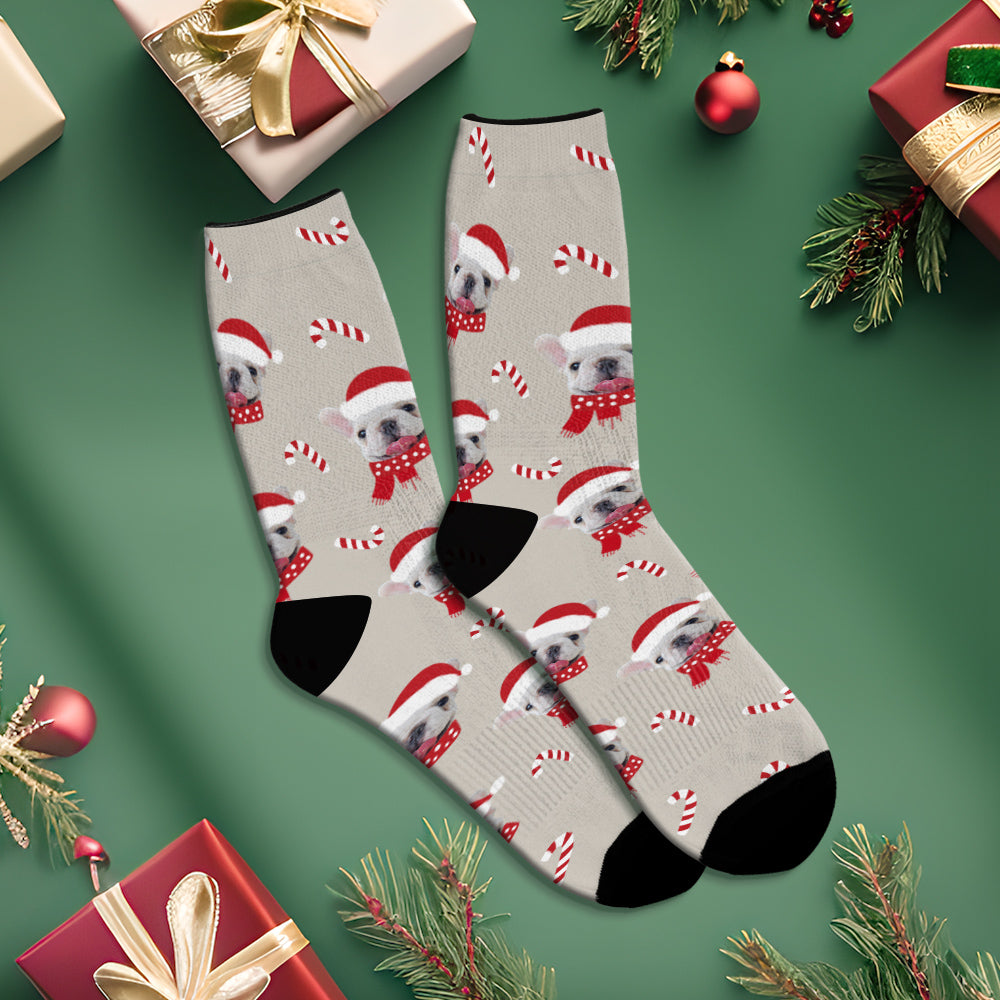 Custom Christmas Grey Breathable Face Socks Personalised Dog Photo Soft Socks Gifts For Pet Lover