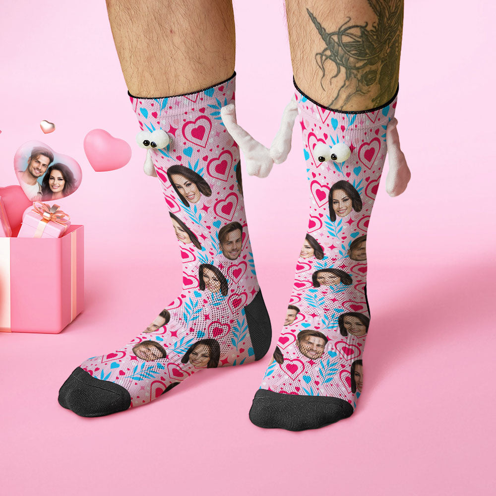 Custom Face Socks Funny Doll Mid Tube Socks Magnetic Holding Hands Socks Double Love Valentine's Day Gifts - MyFacepajamasAU