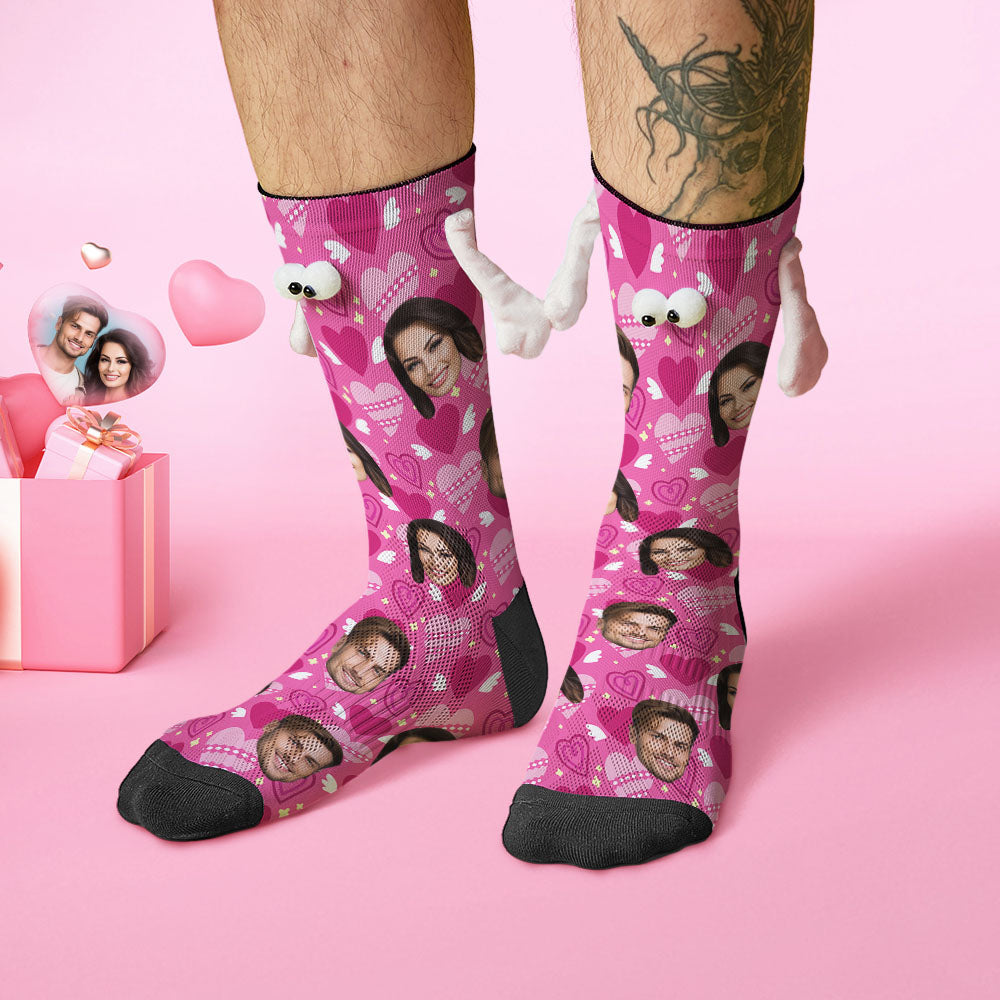 Custom Face Socks Funny Doll Mid Tube Socks Magnetic Holding Hands Socks Pink Heart Valentine's Day Gifts - MyFacepajamasAU