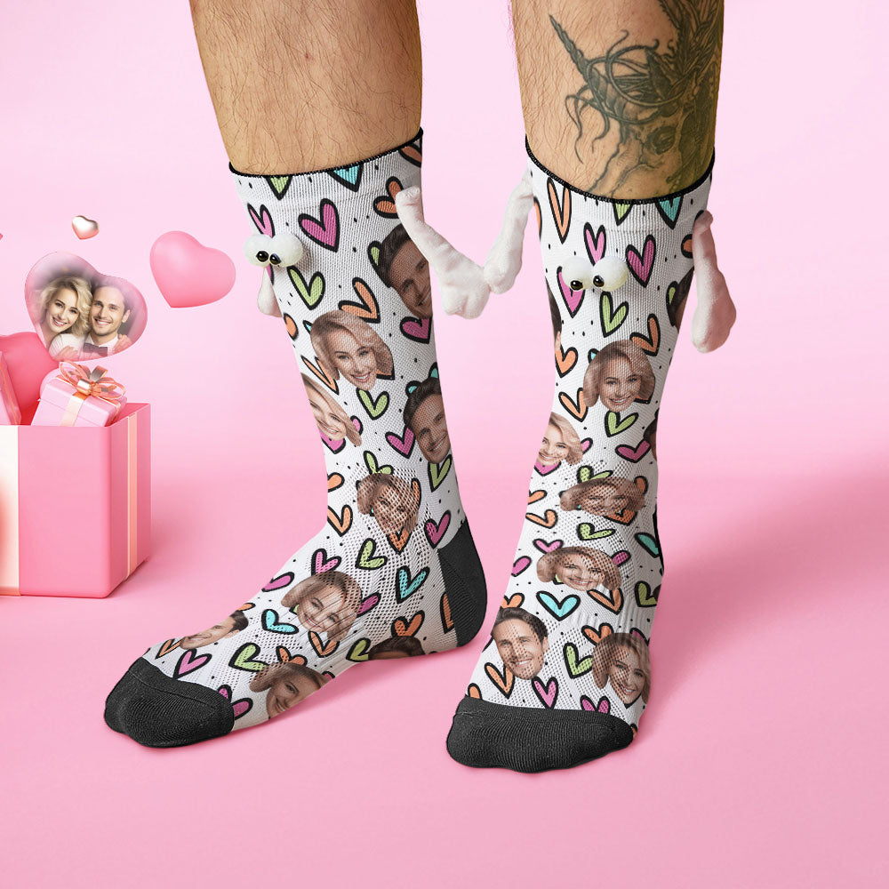Custom Face Socks Funny Doll Mid Tube Socks Magnetic Holding Hands Socks Colorful Hearts Valentine's Day Gifts - MyFacepajamasAU