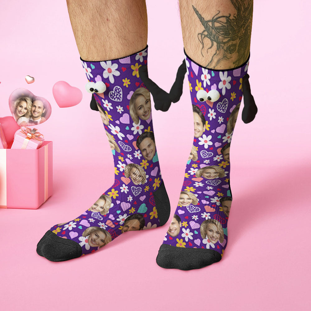 Custom Face Socks Funny Doll Mid Tube Purple Socks Magnetic Holding Hands Socks Little Daisy Valentine's Day Gifts - MyFacepajamasAU