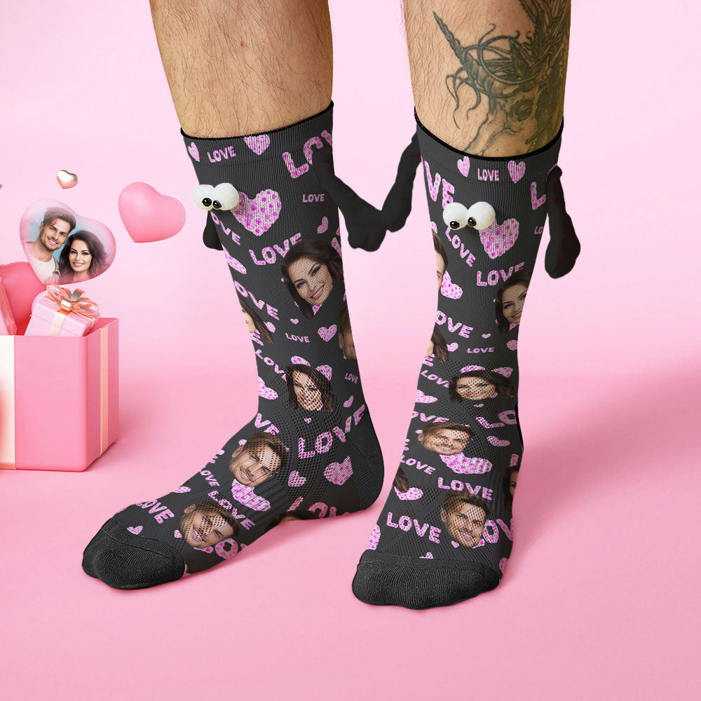 Custom Face Socks Funny Doll Mid Tube Black Socks Magnetic Holding Hands Socks Pink Love Valentine's Day Gifts - MyFacepajamasAU