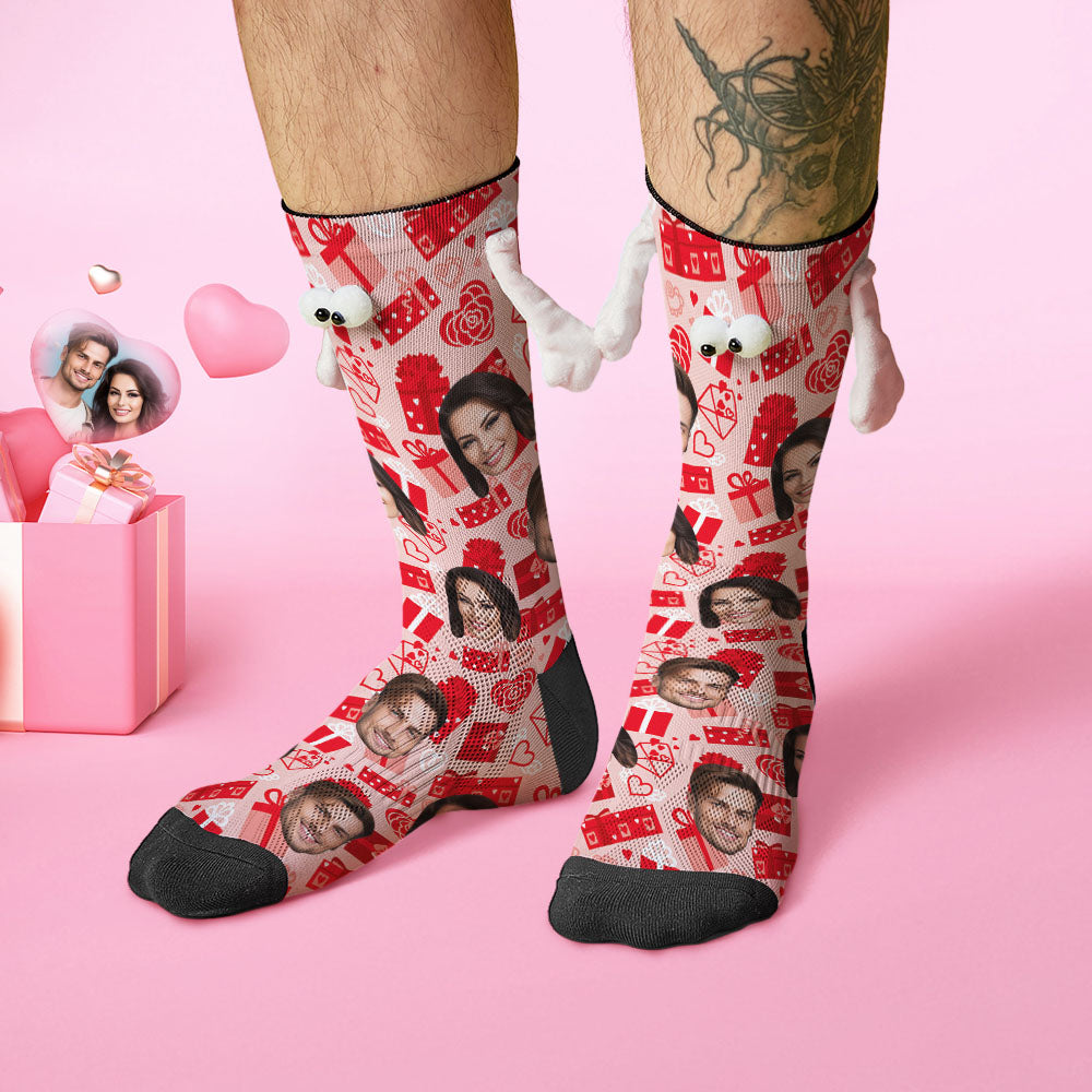 Custom Face Socks Funny Doll Mid Tube Red Socks Magnetic Holding Hands Socks Valentine's Day Gifts - MyFacepajamasAU