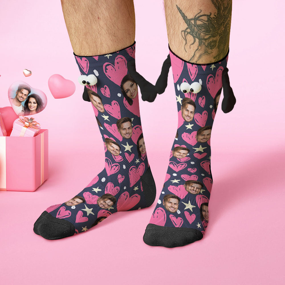 Custom Face Socks Funny Doll Mid Tube Socks Magnetic Holding Hands Socks Happy Valentine's Day - MyFacepajamasAU