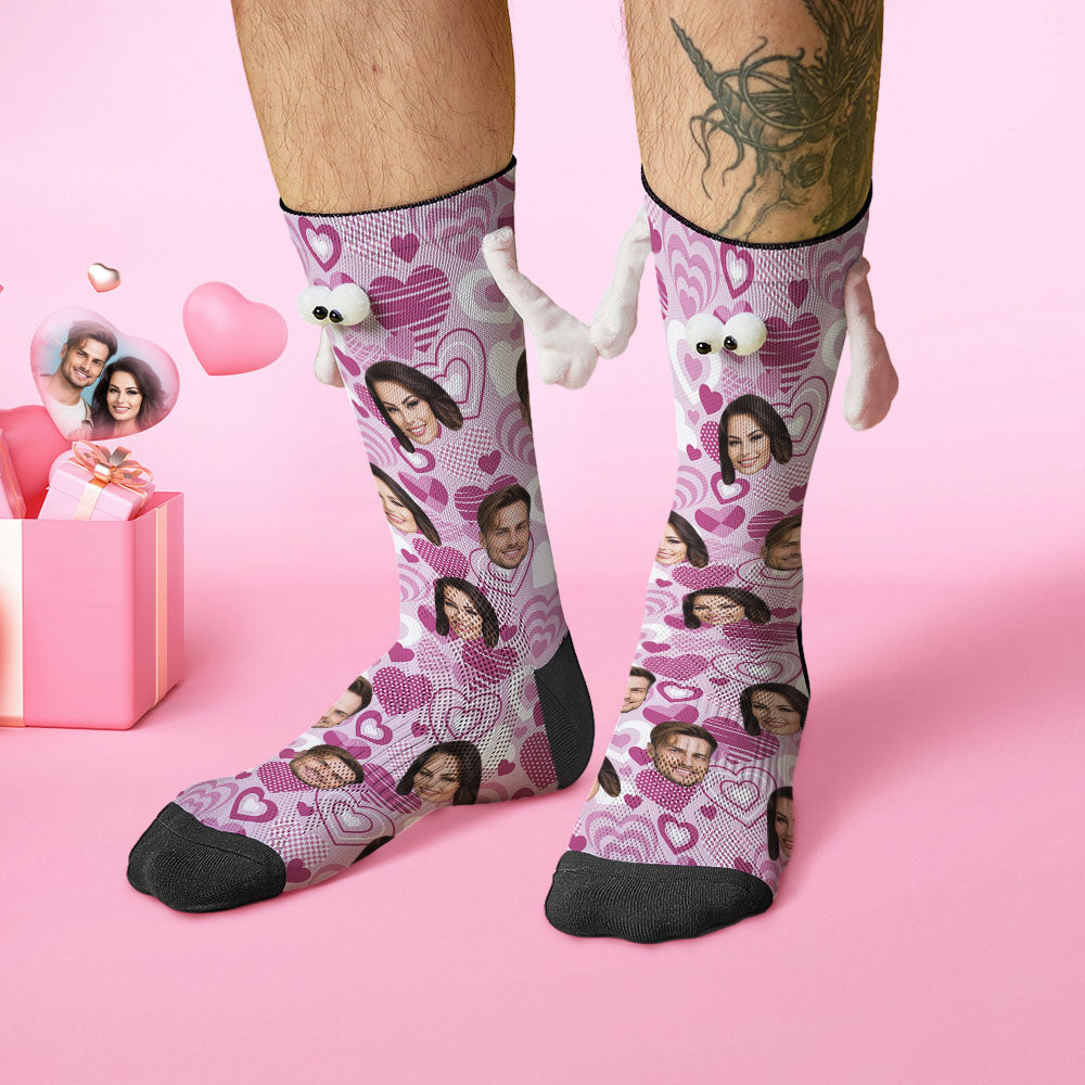 Custom Face Socks Funny Doll Mid Tube Socks Magnetic Holding Hands Socks Purple Heart Valentine