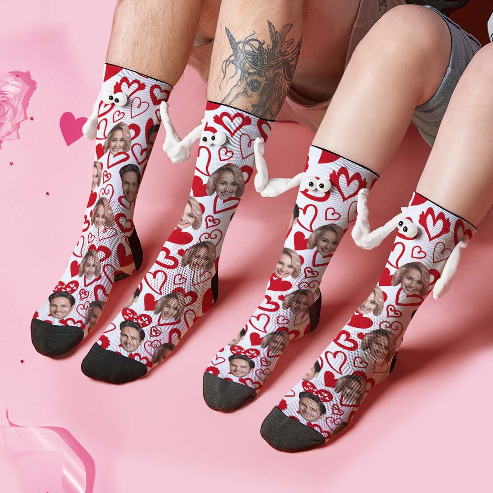Custom Face Socks Funny Doll Mid Tube Socks Magnetic Holding Hands Socks Red Heart Valentine's Day Gifts - MyFacepajamasAU